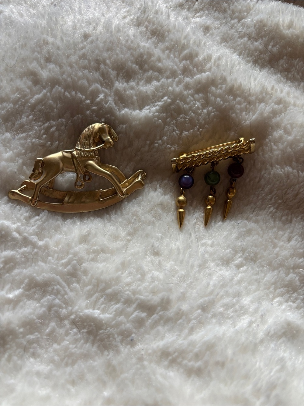 Gold Rocking Horse and Dangle Charm Brooch Set -